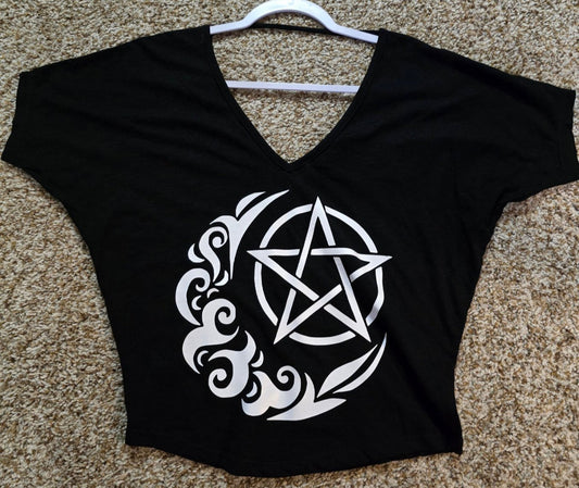 Crescent Moon Pentacle Size Medium Black Cotton Crop Top