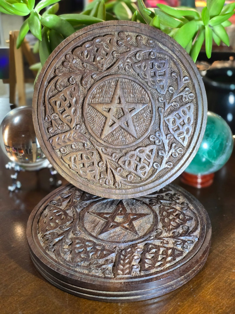 Hand-Carved Wooden Pentacle Altar Tile