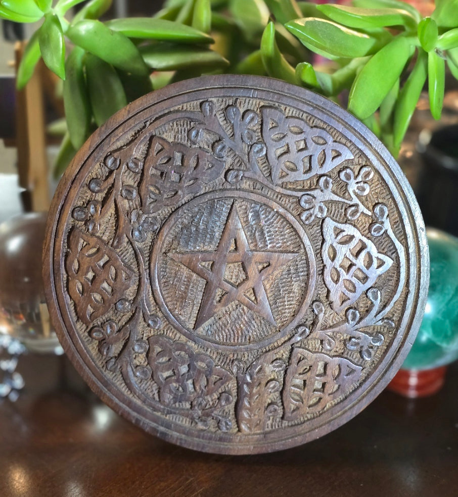 Hand-Carved Wooden Pentacle Altar Tile