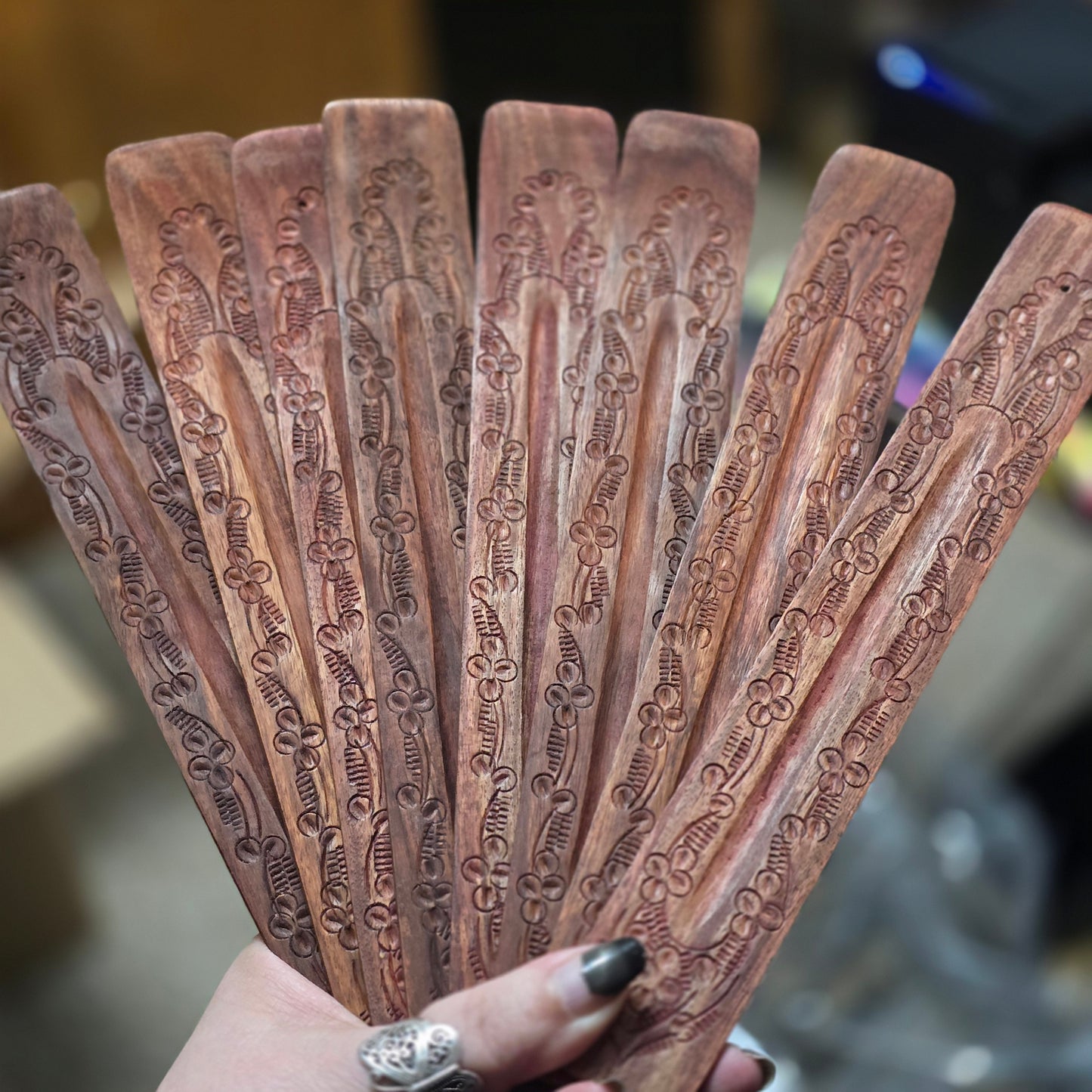 Floral Hand-Carved Wooden Canoe Incense Burner